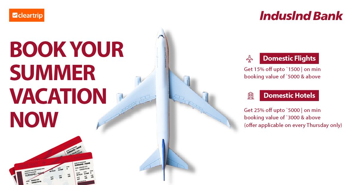 MyIndusIndBank's tweet photo. Make the most of your vacation this Summer!
Get exciting offers on domestic hotels & flights with your IndusInd Bank Cards.
To know more https://t.co/8BrnSz88Er
#IndusIndBank #IndusMoments #ThursdayOffer #ClearTrip #Discounts #CreditCards #Offers #Summer #SummerOffers https://t.co/41KFRCZy2A