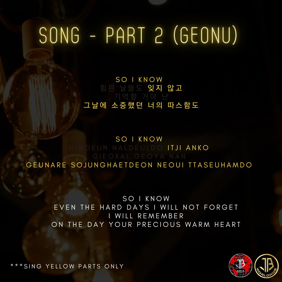 JustBGlobal's tweet image. ✅You can choose any of these parts to sing
✅You can sing more than one parts
✅ Only sing lyrics in yellow colour. If it's dark grey, don't sing it!
✅ Record your voice only
❌ No background music