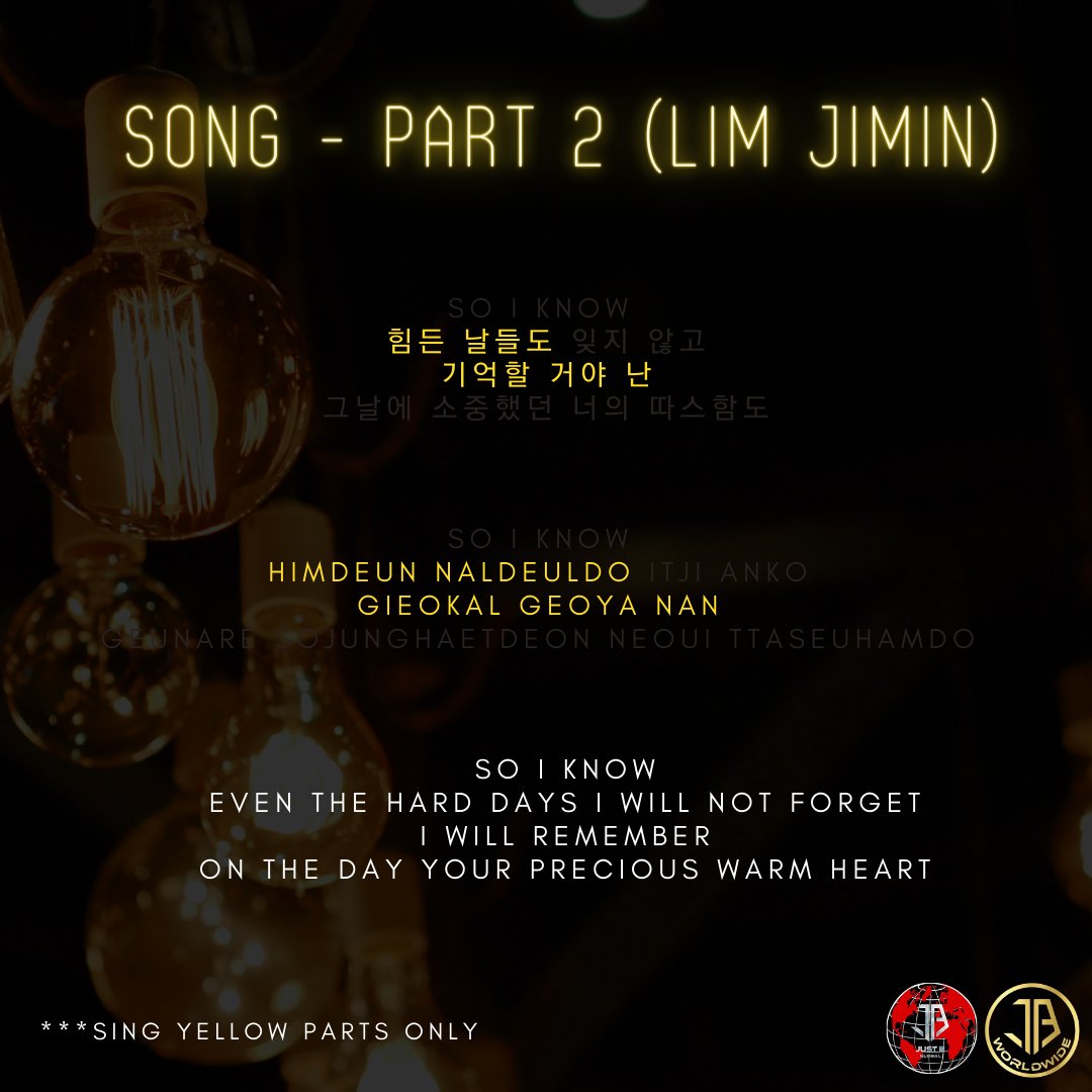 JustBGlobal's tweet image. ✅You can choose any of these parts to sing
✅You can sing more than one parts
✅ Only sing lyrics in yellow colour. If it's dark grey, don't sing it!
✅ Record your voice only
❌ No background music