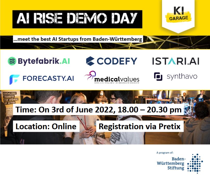 garage_ki's tweet photo. 💥 Boom! Meet the best from our AI RISE program live on stage:

Synthavo, https://t.co/95ql3ip9T1, https://t.co/H1ifeZtcau, medicalvalues, Codefy, https://t.co/2KGezJtj2o

📢 Join us on Friday, 03.06.2022 from 6 to 8:30 pm
 
👉🏻 Registration link: https://t.co/nFqAicrwzu https://t.co/fmy6irjnfn
