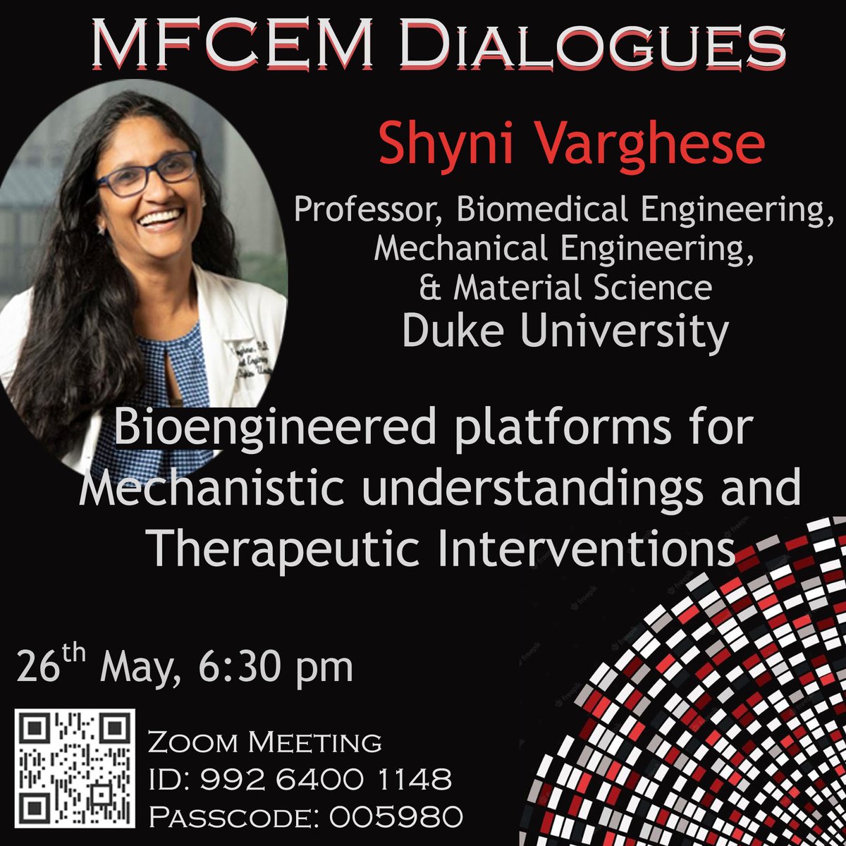 mfcem_iitk's tweet photo. Excited to announce "MFCEM Dialogues". Looking forward to a lively interactive session with Prof. Shyni Varghese, Duke Univ., who will talk about Bioengineered Platforms for therapeutic interventions.
@MehtaFF @nitiniitk @IITKanpur
#talks #biomedicalengineering #biomaterials https://t.co/7qIeGJ4Bh5
