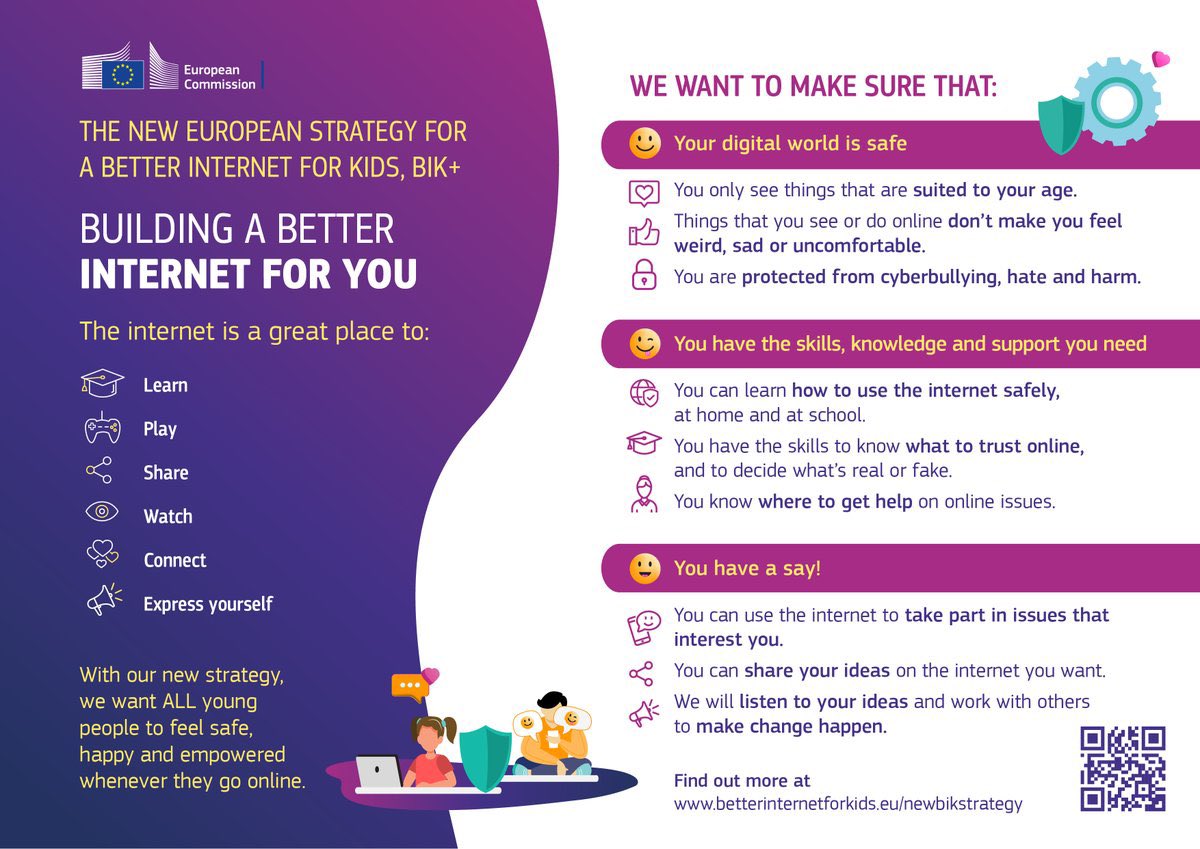 Yesterday the Commission adopted a new European strategy for a Better Internet for Kids (BIK+), to improve age-appropriate digital services and to ensure that every child is protected, empowered and respected online. #BIKplus