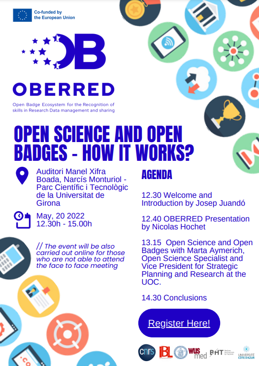 OBERRED1's tweet photo. 20th of May 2022 Final Event in Girona!
Save the date and get to know more about Open Badges at our most expected event on #OpenScience and Open Badges Ecosystem in #RDM and Sharing Skills▶️https://t.co/jxQ4QekTfL
#ErasmusPlus #Oberred #OpenBadges https://t.co/V72FPidbfz