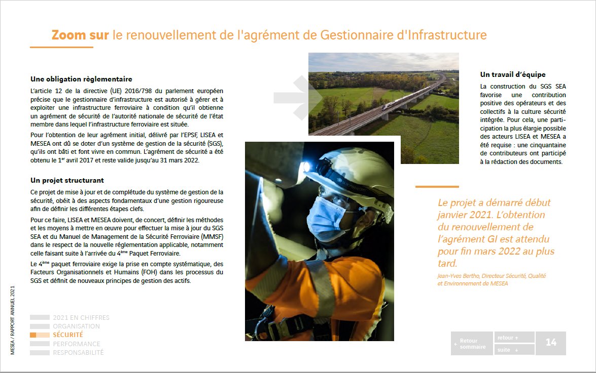 📣Extrait du rapport annuel 2021 MESEA

🚄Zoom sur le renouvellement de l'agrément de Gestionnaire d'Infrastructure

📒Découvrez l'intégralité du rapport annuel 2021 ici : indd.adobe.com/view/973affec-…

<a href="/LGVSEA_LISEA/">LISEA</a> <a href="/VINCIConcess/">VINCI Concessions</a> @SYSTRA_LTD <a href="/SNCFReseau/">SNCF Réseau</a> <a href="/jbdelrue/">Jean-Bruno DELRUE</a>