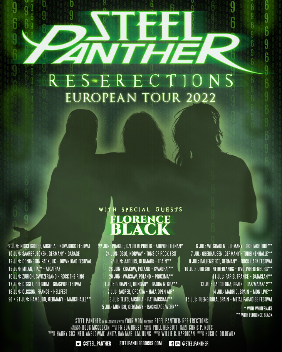 Florence Black (@florenceblackuk) on Twitter photo TOUR ANNOUNCEMENT.
It's the party of the century that's right, weāre going on tour with <a href="/Steel_Panther/">Steel Panther</a> this June & July throughout Europe for their āRes-Erectionsā tour.
Tickets: steelpantherrocks.com/pages/tour TOUR ANNOUNCEMENT.
It's the party of the century that's right, weāre going on tour with <a href="/Steel_Panther/">Steel Panther</a> this June & July throughout Europe for their āRes-Erectionsā tour.
Tickets: steelpantherrocks.com/pages/tour