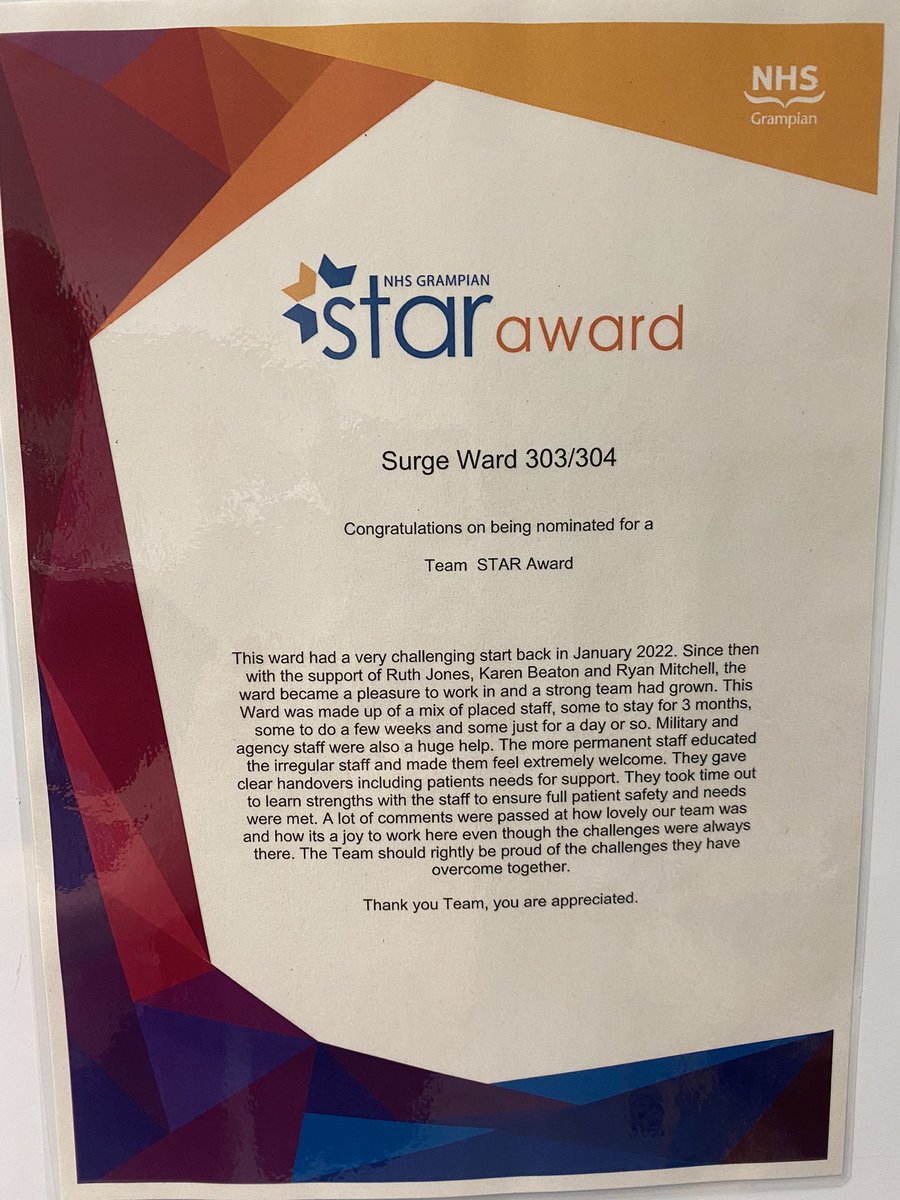 Perfect day to acknowledge our team award on international nurses day. My appreciation for everyone, including the wider MDT, agency, military, who worked with me in medical surge is endless. Couldn’t have done it without the amazing teamwork.💙⭐️@NHSGrampian @RuthJon95157715