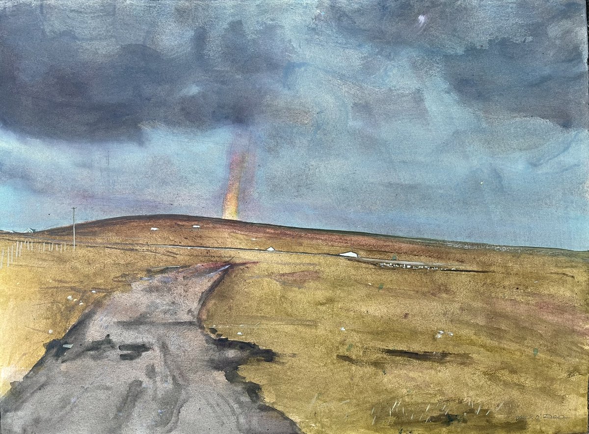 MickODeaArtist's tweet photo. From 2013 #AcrylicPainting A struggling #Rainbow gains and loses intensity on the horizon - we are looking east towards #Carrowteige - a #Graveyard #SmallFactory and a scattering of houses &amp; #bungalows occupy a treeless landscape #Erris #NorthMayo @MayoNorth #BigSkyCountry https://t.co/AhI6QcQr08