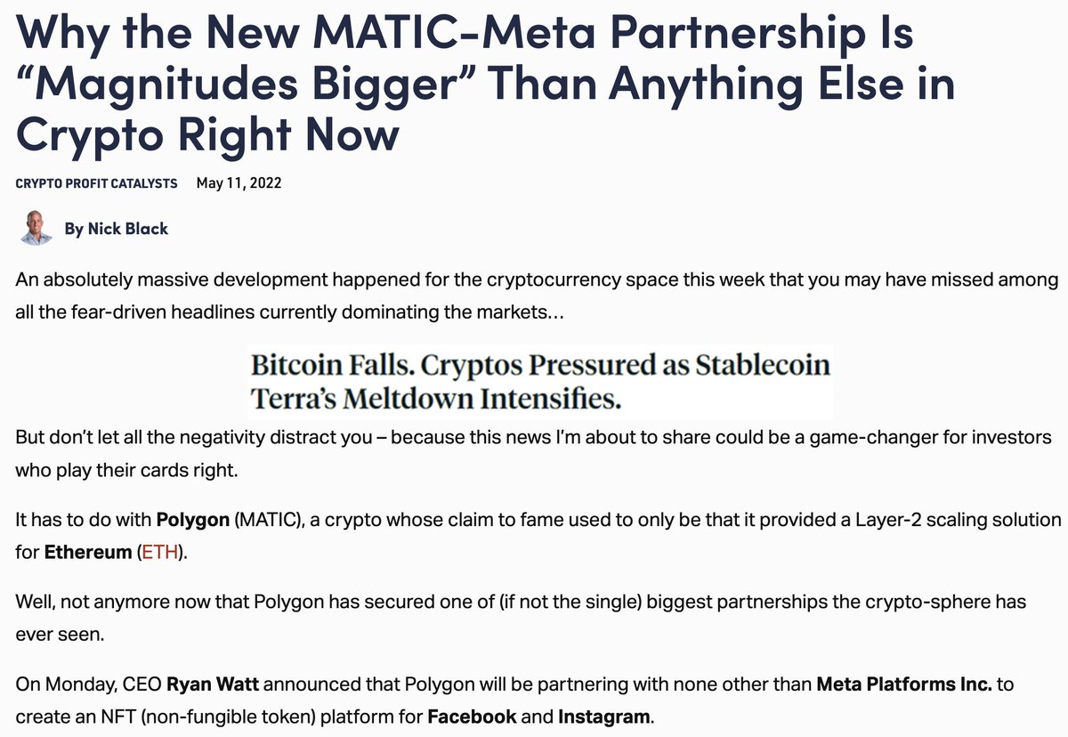 thematicman's tweet photo. Lost in the sea of bad news this week was the absolutely game-changing news of the MATIC-Meta partnership. Billions of users on #Facebook / #Instagram will use #Polygon as the platform for their NFTs. BE PATIENT, POLYGON PEOPLE. OUR DAY IS COMING, AND IT MAY BE SOON! #HODL https://t.co/87VZf456cB