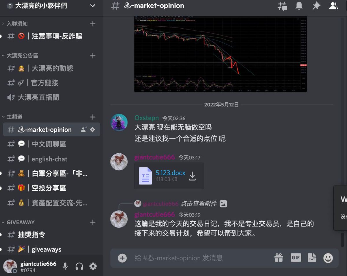 giantcutie666's tweet photo. 这行情也睡不着，起来写了个交易心得日记，我不是专业交易员，内容也都是自己常看的几个指标。希望可以帮到大家。（发在我们的DC群里，群是免费的，大家可以放心。）https://t.co/U9Zdi0Hb4v https://t.co/EyYB8l08Mq