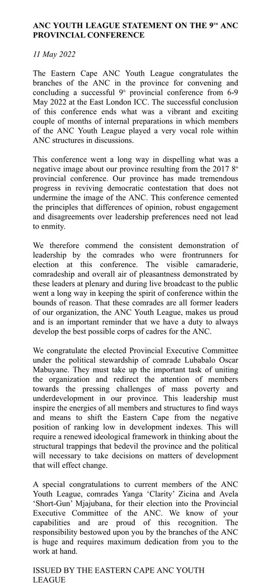 ancyl_ec's tweet photo. EC ANCYL STATEMENT ON THE 9th ANC PROVINCIAL CONFERENCE https://t.co/F6pA0YGY3y