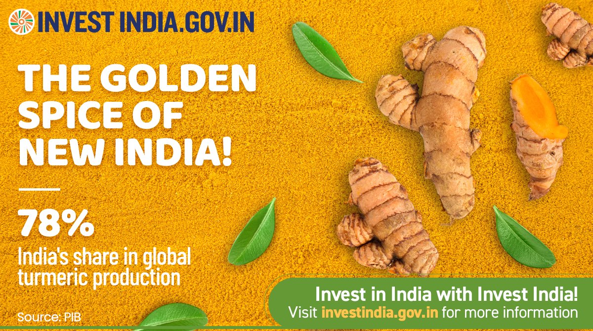 #InvestInIndia

#DidYouKnow: #NewIndia is the largest producer and exporter of turmeric globally.

Discover more here bit.ly/II-FoodProcess…

#FoodProcessingSector #InvestIndia <a href="/ignaziocassis/">Ignazio Cassis</a> <a href="/gurleenmalik/">Gurleen Kaur</a> <a href="/newlyswissed/">️Newly Swissed️</a>