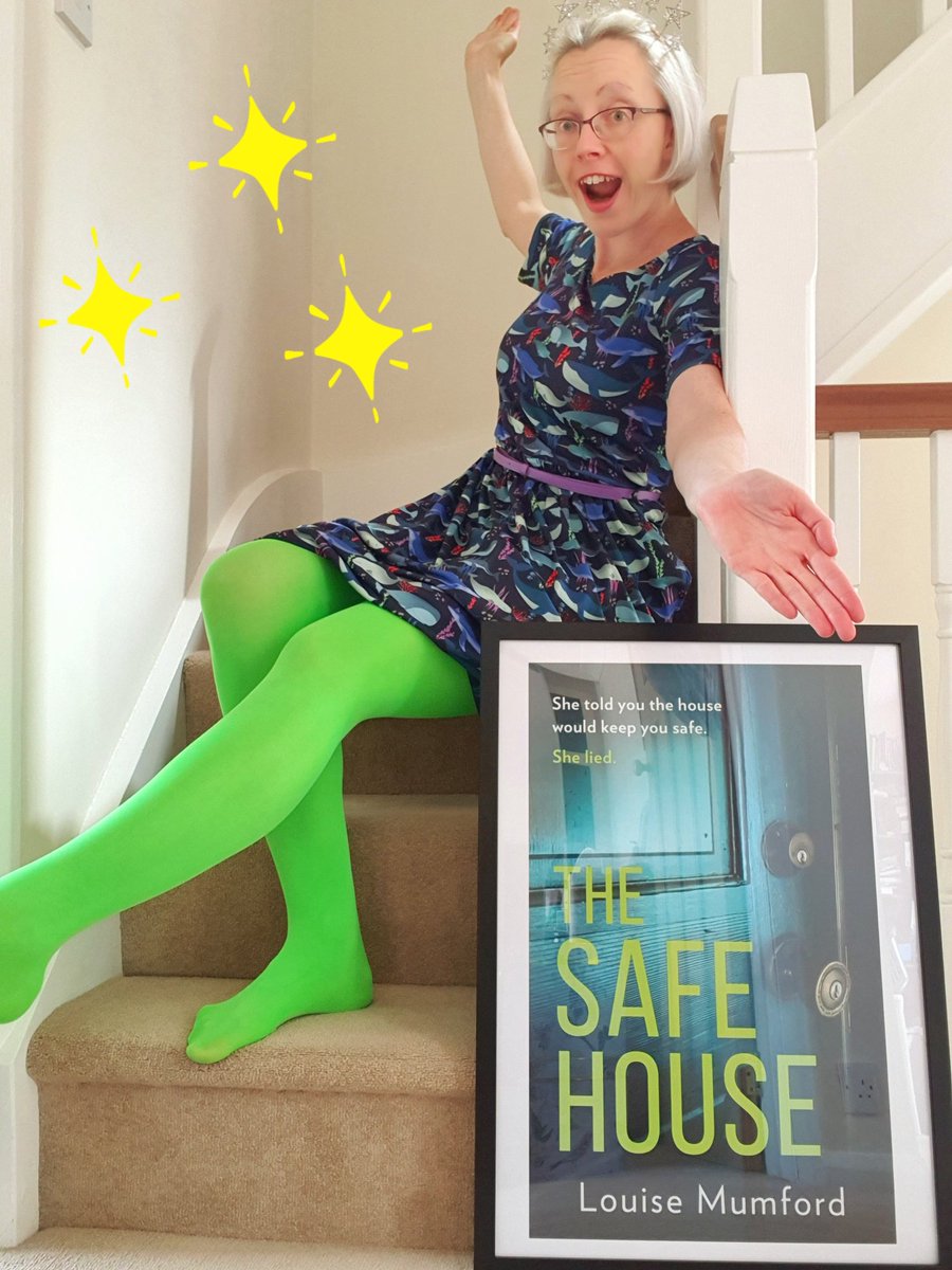 If I can't be a bit extra on publication day, when can I? #TheSafeHouse LAUNCHES TODAY! 🎉 Celebrating in my tiara &amp; my frock with actual whales on it (Esther loves whales) with lime green tights to co-ordinate with my front cover! Cheers!
Buy here: amzn.to/3w6A76z