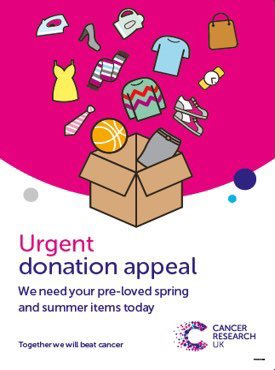 URGENT STOCK APPEAL 
Having a clear out? We are in need of your preloved items to sell to enable us to continue to fund our vital research.
You can also #GiftAid your donation and we'll get an extra 25% on what we sell, at no cost to you. Just ask in store!  Thank you.