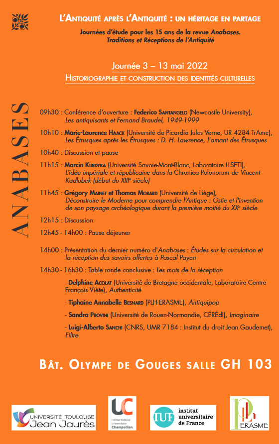 Demain, vendredi 13 mai aura lieu à l' <a href="/UTJeanJaures/">UT Jean Jaurès</a>
  la 3e Journée d'études "L'Antiquité après l'Antiquité. Un héritage en partage" organisée par Anabases.
Avec notamment <a href="/HaackMarieLaur2/">Haack Marie Laurence</a>
 <a href="/TiphaineAnna/">Dr. Tiphaine (Antiquité 🤝 Art contemporain)</a>
 @ProviniSandra
