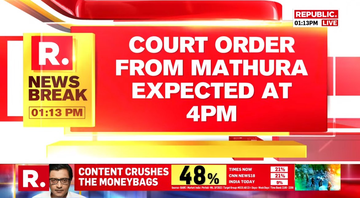 #BREAKING | Court Order from Mathura on Krishna Janmabhoomi dispute case expected at 4 pm today.

High Court asks the district court to conduct hearing every day under its supervision if necessary, gives 2-month period to pronounce verdict