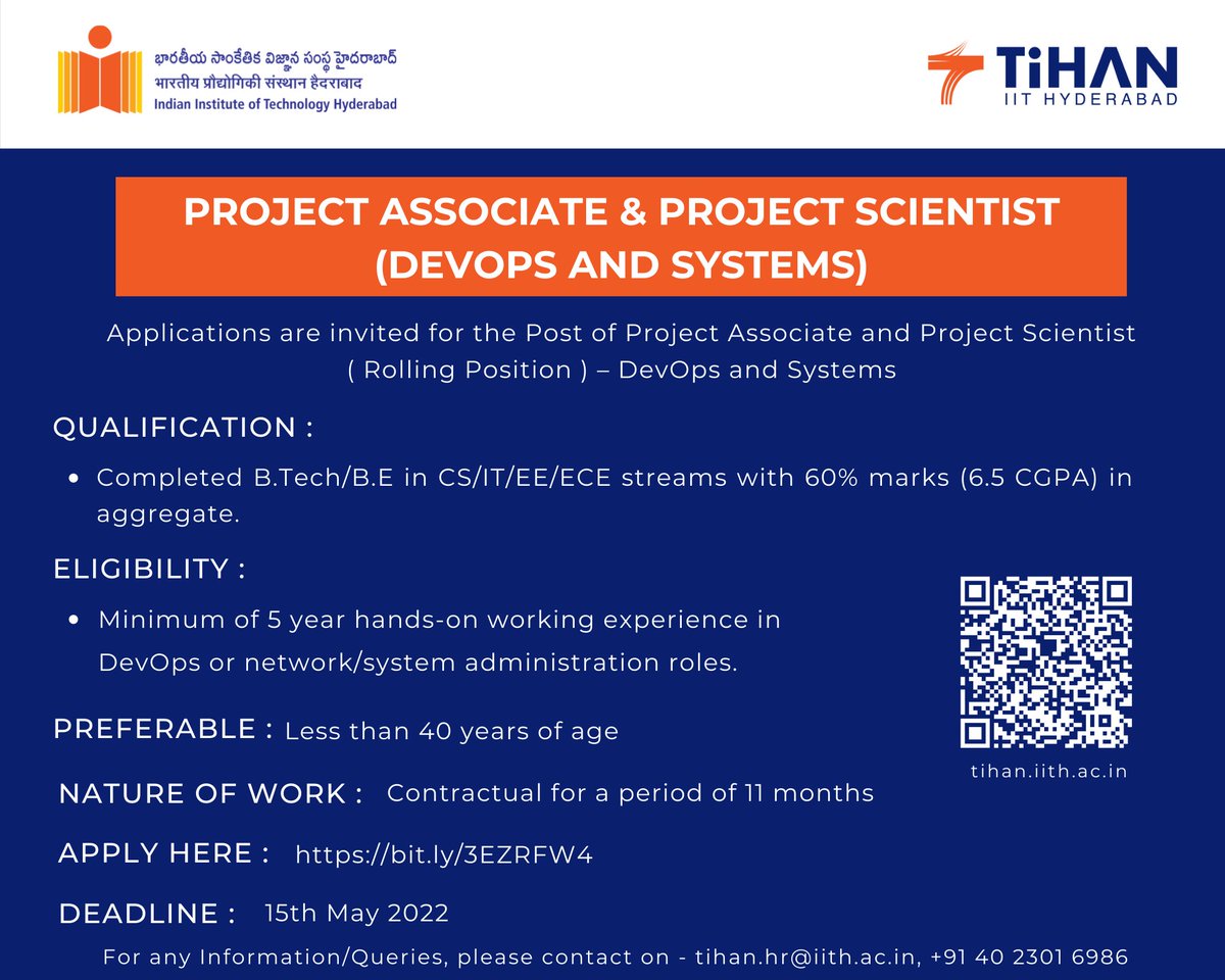 Project Associate & Project Scientist (DevOps and Systems)

Application Link : bit.ly/3EZRFW4

#tihan #iithyderabad #recruitment #projectassociate #projectscientist

Dead line : 15th May 2022.