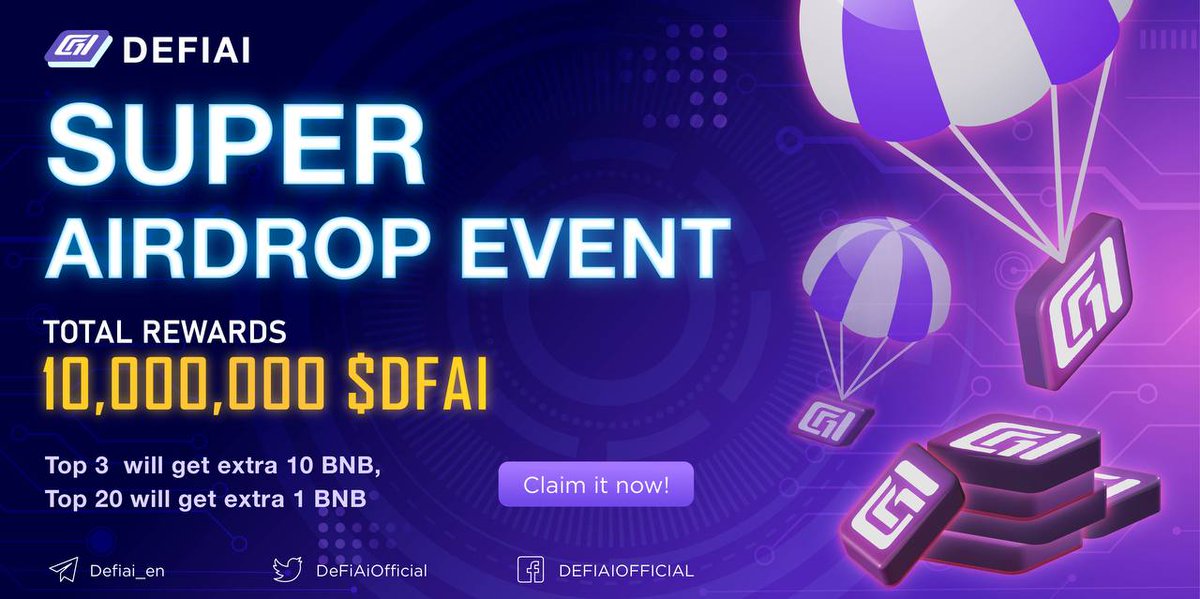 🚀 Airdrop: DeFiAi Round 2
💰 Value: 100 $DFAI
👥 Referral: 10 $BNB
📊 Exchange: Pancakeswap
📅 End Date: 28th June, 2022
🏦 Distribution Date: 28th July, 2022

Talk with the Telegram Bot
t.me/DEFIAISUPERAIR…

#Airdrop #Crypto #Airdrops #giveaway