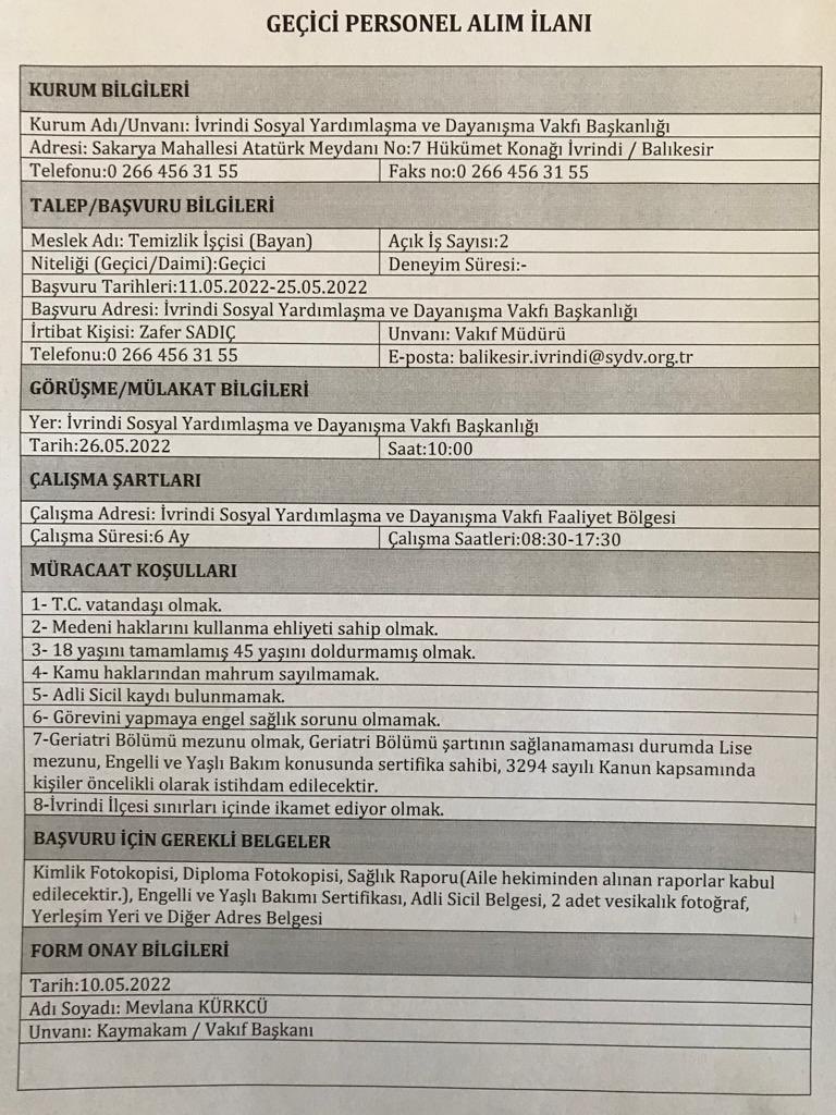 TC_ivrindi's tweet photo. İvrindi Sosyal Yardımlaşma ve Dayanışma Vakfı Başkanlığının uygulayacağı 2022 Vefa İvrindi Sosyal Hizmet projesinde çalıştırılmak üzere Personel alımı yapılacaktır. Başvurular 11.05.2022 tarihi itibariyle başlamış olup, 25.05.2022 tarihi mesai bitimine kadar devam edecektir https://t.co/UoMUoZNIy5