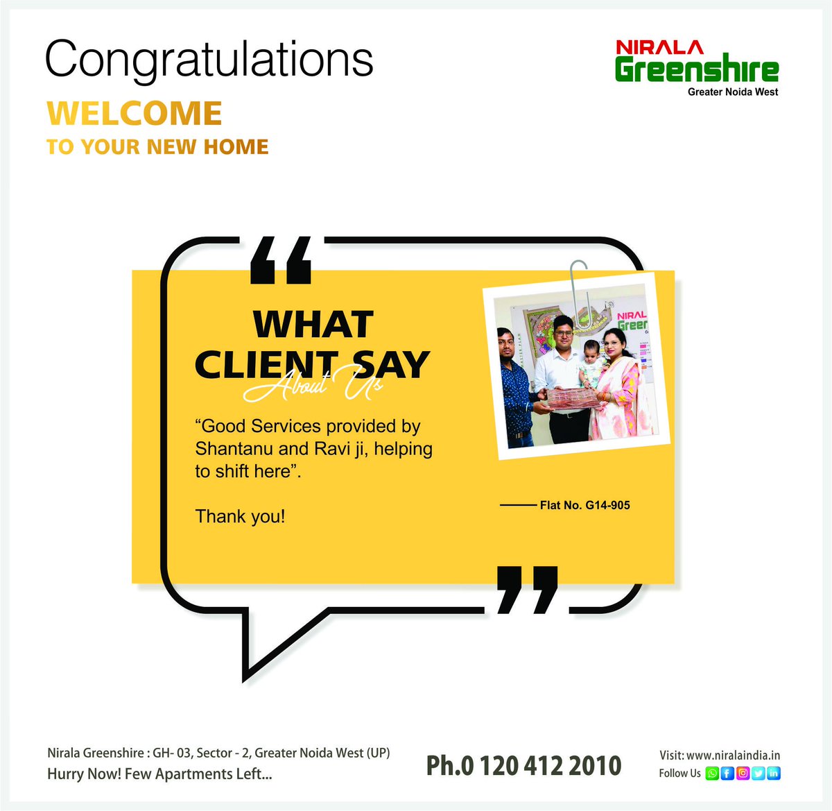IndiaNirala's tweet photo. Hurry Up ! For Booking Call Now : +919971773200
Nirala Greenshire at Greater Noida West 
Ready to Move, 2/3 BHK Apartments Available
 #niralaindia #greenshire #GreaterNoida #apartments #ReadyToMove #customersatisfaction #whatclientsayaboutus #customerfeedback #customerexperience https://t.co/EvB6vqXezX