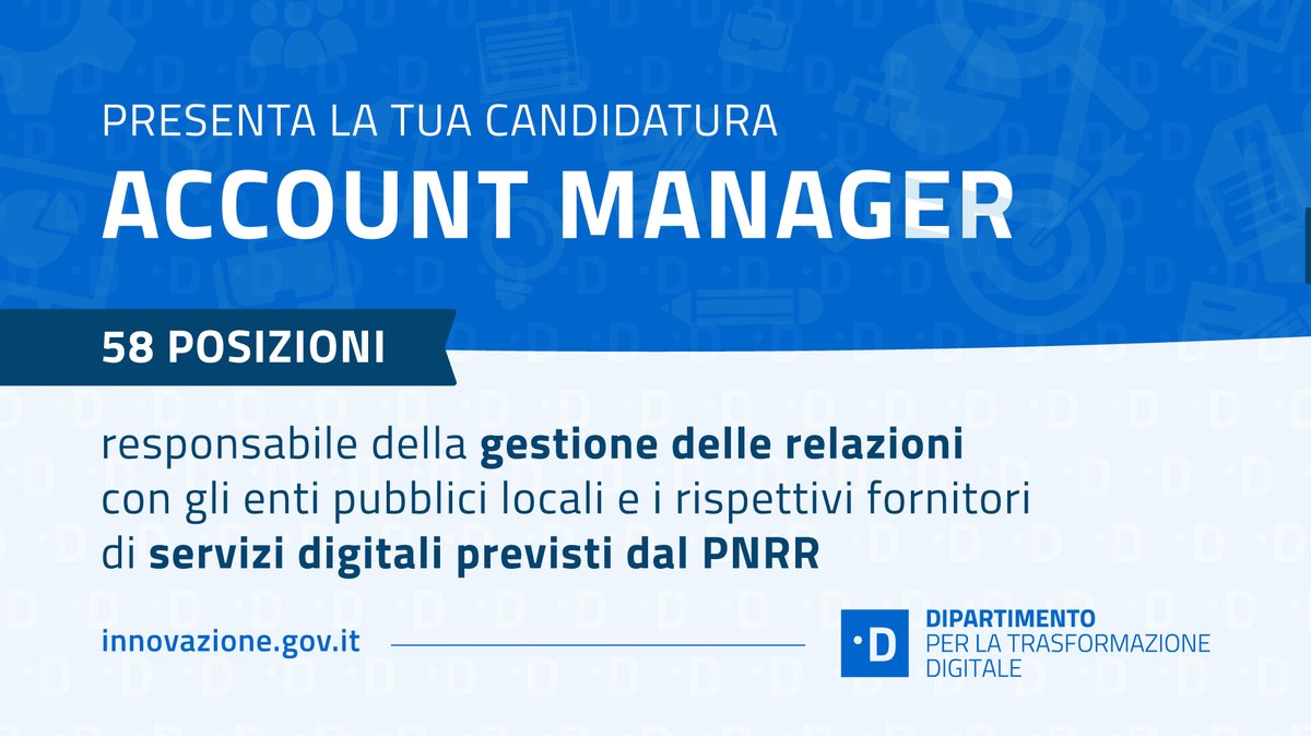 InnovazioneGov's tweet photo. 🆕 Vuoi contribuire alla realizzazione degli obiettivi del #PNRR sul territorio? Siamo alla ricerca di✅58 Account Manager.
🆙 Scopri i requisiti e presenta la tua candidatura entro il 20 maggio qui👉 https://t.co/DmmDQAC2gI https://t.co/EcKFaUumaT
