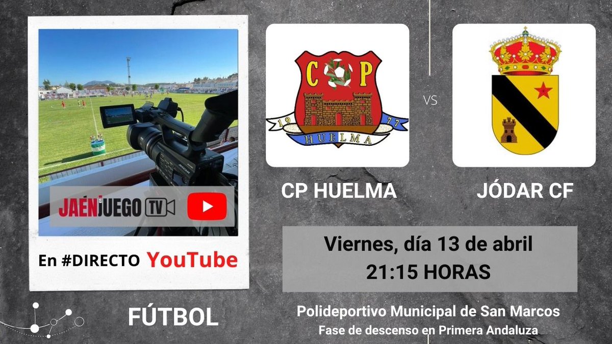 🚨RETRANSMISIÓN ‼

⚽FÚTBOL | ¡SORPRESA! Este viernes por la noche también habrá #futbol  en JeJ

👉En #directo, desde las 21:10 horas: <a href="/CPHuelma/">Club Polideportivo Huelma</a> - <a href="/EMDJodar/">Jódar C.F.</a> . Partido crucial para el descenso!!! Aquí lo podrás ver: 

📺Enlace para verlo: youtu.be/8gT7B7gs0II