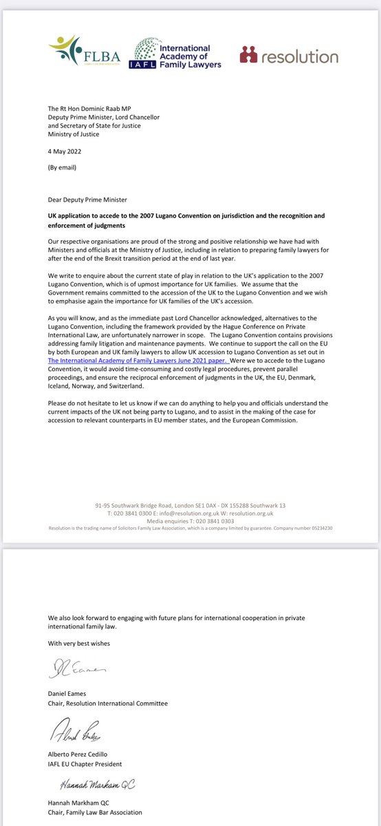 Day 2 of #IAFL conference starts this morning with Karen O'Leary talking about all things #Brexit. On 4 May 2022 the attached joint letter from #IAFL, #Resolution and #FLBA was sent to the UK Government about the 2007 Lugano Convention.#familylaw  #internationalfamilylaw