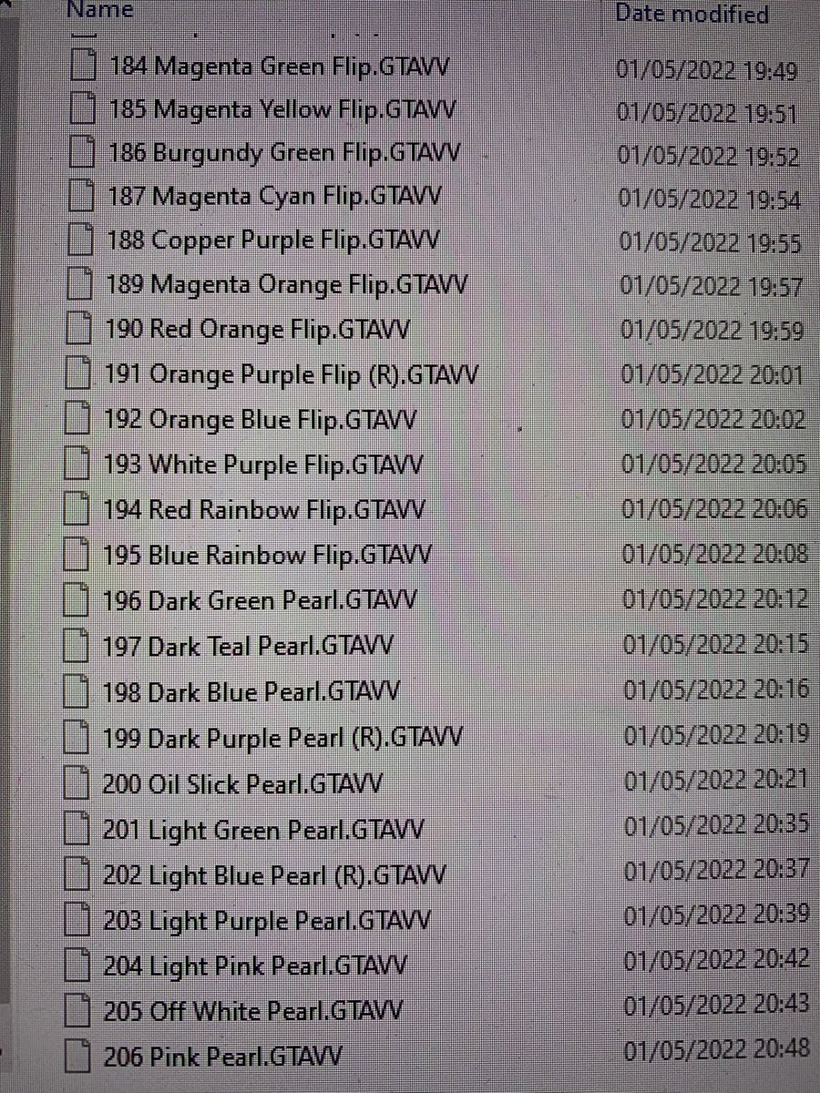 BenW123_'s tweet photo. Here’s the names of all the Chameleon colors , if it has a (R) next to it means it’s already released , thanks once again @ClassiqueGTA https://t.co/6vkC3xLskj