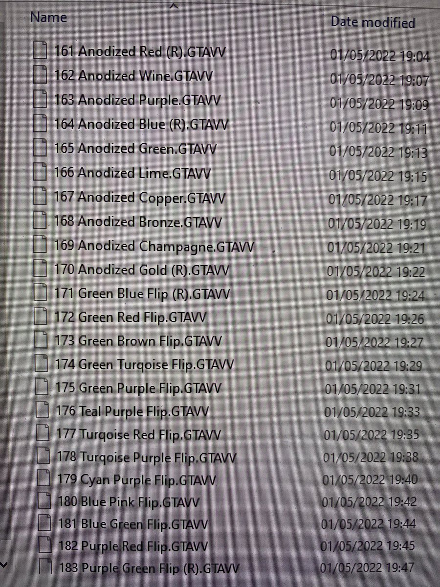 BenW123_'s tweet photo. Here’s the names of all the Chameleon colors , if it has a (R) next to it means it’s already released , thanks once again @ClassiqueGTA https://t.co/6vkC3xLskj