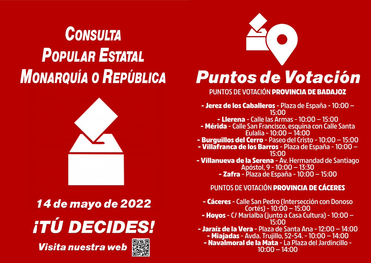 PCEExtremadura's tweet photo. [#EXTREMADURA]

🗳️ El sábado 14 de mayo la ciudadanía está llamada a las urnas por la Plataforma Consulta Popular Estatal Monarquía o República. Un espacio unitario, amplio y plural que ha impulsado que la población pueda pronunciarse sobre la forma del Estado. https://t.co/Amc2NHprix