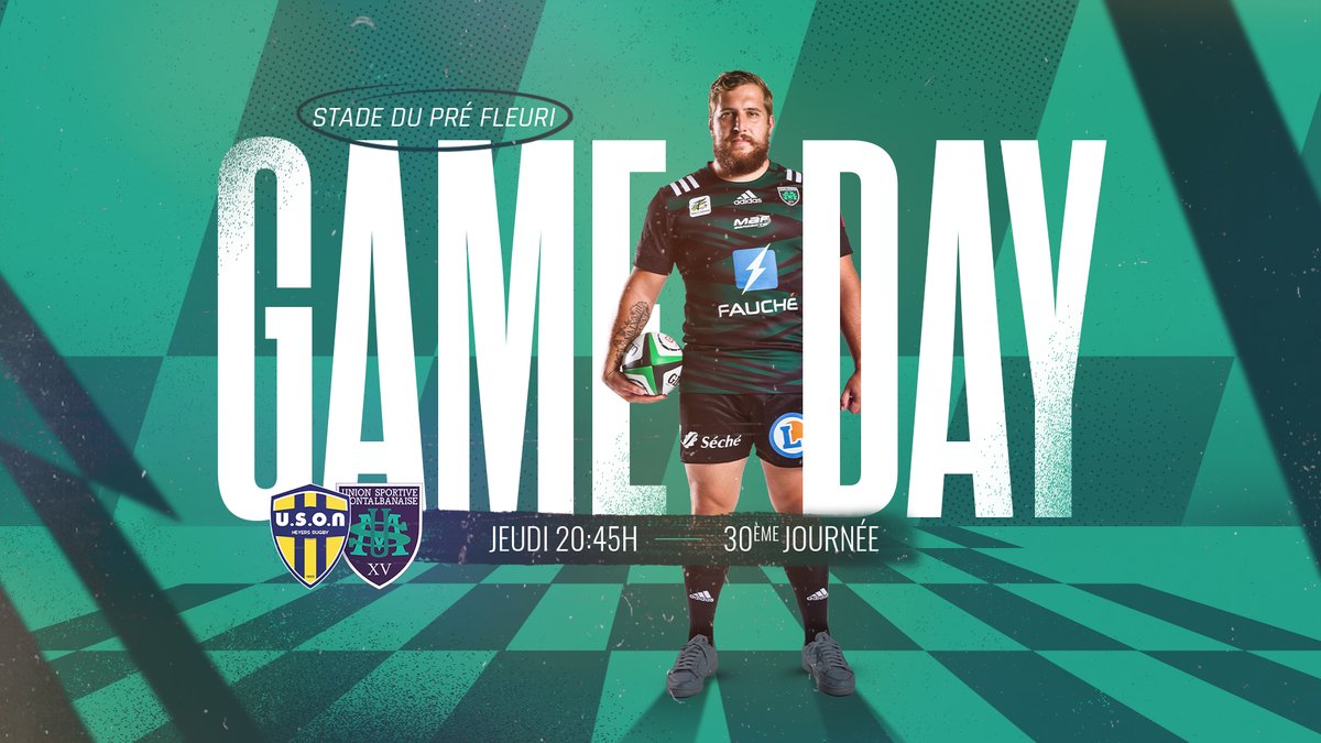 UsmSapiacRugby's tweet photo. 𝐆𝐀𝐌𝐄𝐃𝐀𝐘    

Les 𝙑𝙚𝙧𝙩 &amp; 𝙉𝙤𝙞𝙧  se déplacent à @usonneversrugby pour le dernier match de la saison.   

⌚️ 20H45  
🏟 Stade du Pré Fleuri
📺 Canal + Sport  
📲 Application USM SAPIAC   

#K8 #PourKelly #ItsYourStep #USONUSM https://t.co/wlFNJUZuxY