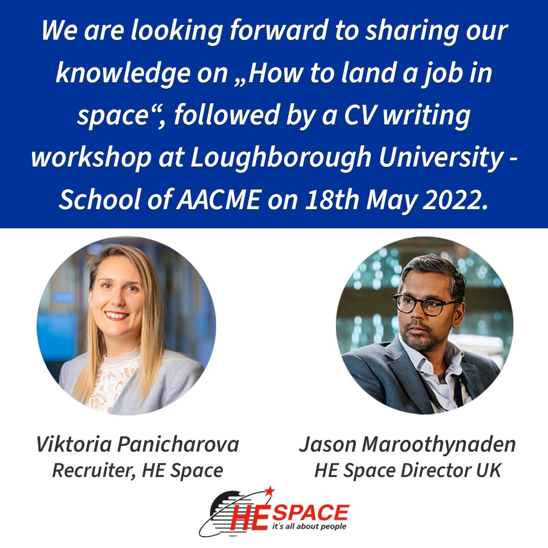HE_Space's tweet photo. Viktoria & Jason will be presenting "How to land a job in space", and a CV writing workshop on 18 May 2022, 17:00 CET (16:00 GMT) to #students interested in working in the #space sector at @lborouniversity - School of AACME.
#cv #workshop #career #JobsInSpace #UK #HESpace https://t.co/aP0lN6UBed