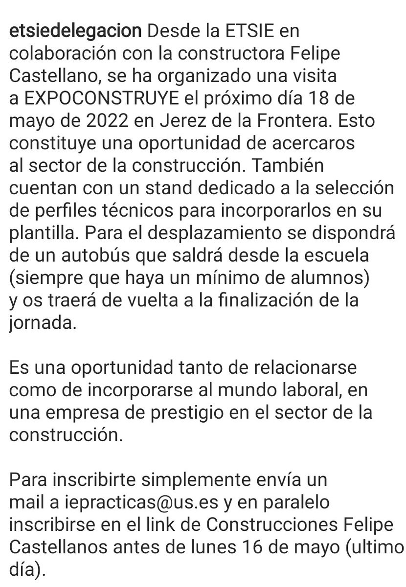 Inscríbete a través del correo iepracticas@us.es y el siguiente enlace expoconstruye.es/acreditaciones/