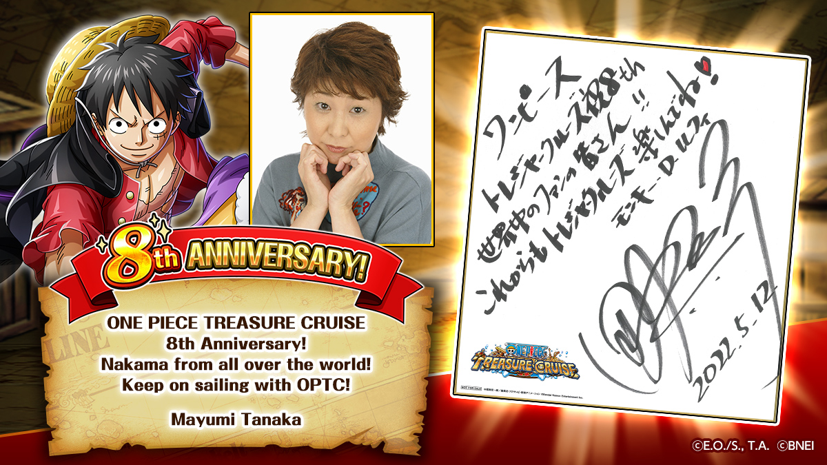 ONE_PIECE_TC's tweet photo. Congrats OPTC on 8 years! 
To celebrate the event, we received a message from Luffy's voice actor Mayumi Tanaka for ONE PIECE fans all over the world! 
We hope everyone enjoys the game's anniversary now that OPTC is on the same schedule worldwide! 
 #OPTC8th #OPTC https://t.co/wDMGnSNxab