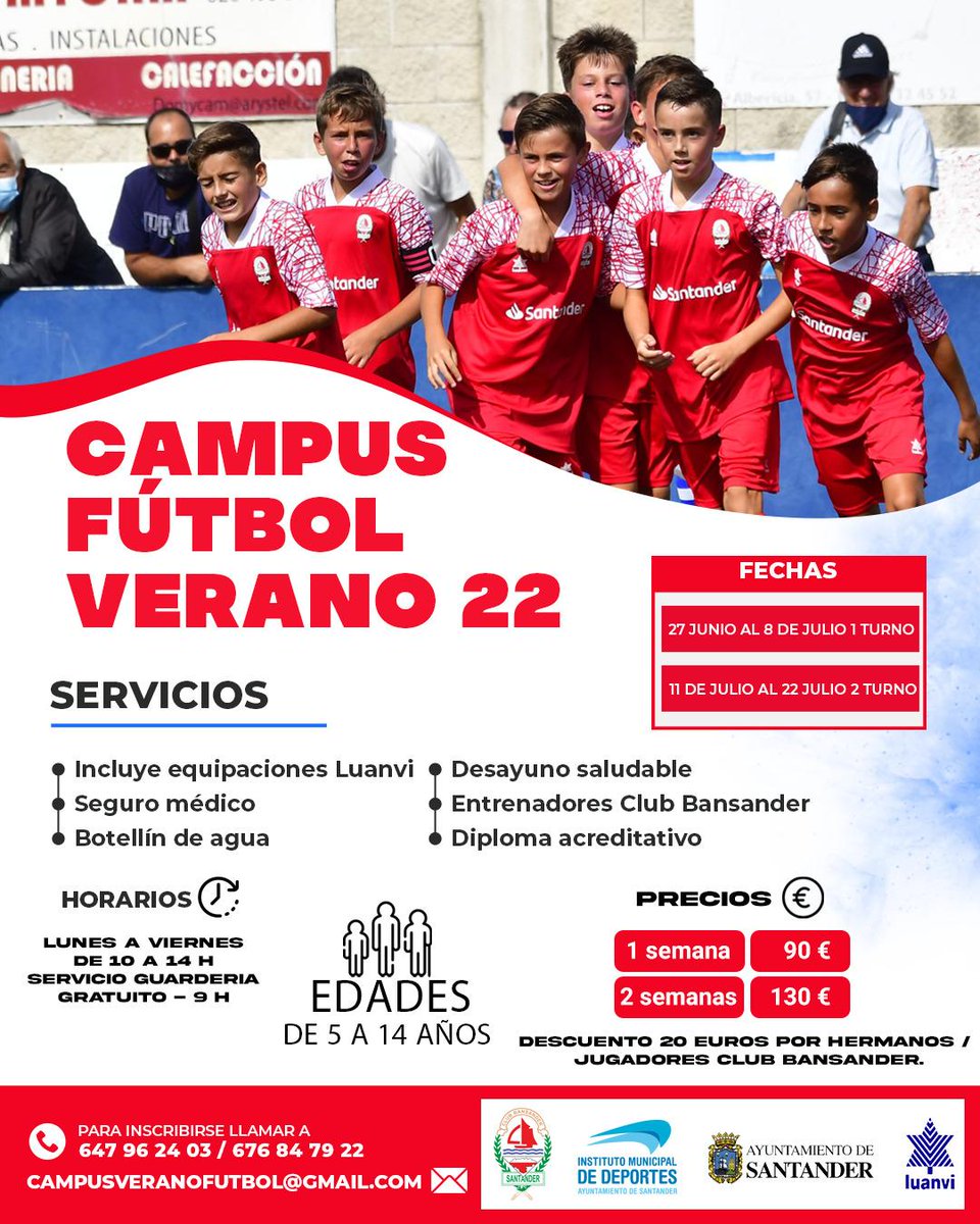 jgchoco9's tweet photo. ⚽️👇🏽👇🏽👇🏽👇🏽⚽️
🕙 10 a 14 horas con servicio de guardería desde las 09:00, gratuito.
💭 Dos equipaciones Luanvi, botellín y mochila del campus. 
🏟 Campo Juan Hormaechea de Santander.
Inscripciones 💻campusveranofutbol@gmail.com
☎️647 96 24 03/676 84 79 22 WhatsApp 647962403 https://t.co/V71TWYCsMb