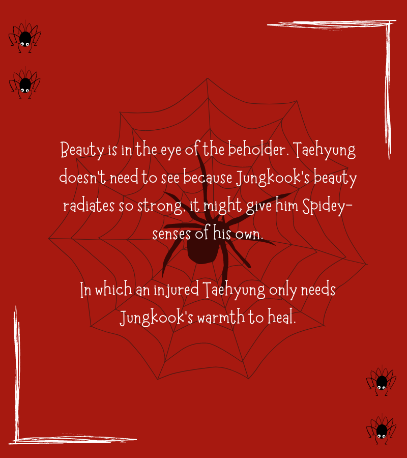 🕷️ red wash by <a href="/dagusts/">cookie (mostly updates)</a> 🕷️ 

🕸️ Teen And Up Audiences
🕸️ No Archive Warnings Apply
🕸️ Jungkook as Spiderman, Taehyung as Daredevil, Established Relationship, Slice of Life, Hurt/Comfort, Off-Page Canon Typical Violence, Sight Impaired Taehyung

➲ ao3.org/works/38909112