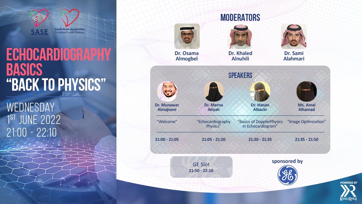 TheSaudiHeart's tweet photo. SAUDI HEART ASSOCIATION

Basics of Echocardiography "Back to Physics"

💻Live Webinar 
🗓1ST JUNE 2022
🕗Time: 21:00 -22:10 KSA
📋For registration:  
https://t.co/7m6ZsQajuo https://t.co/HTfxUvRMNR