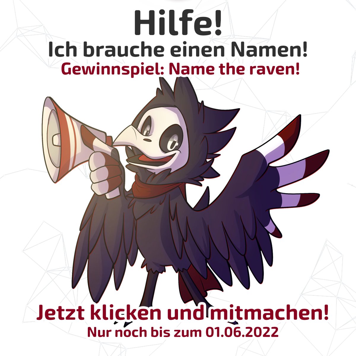 WinterrabeMedia's tweet photo. Nur noch bis zum 01.06.2022!
Jetzt mitmachen unter:
https://t.co/jEkZU8couN

Und so funktioniert's:
1.) Denk Dir einen Namen aus, der zu diesem speziellen Vogel passt.
2.) Klick auf den Link und fülle das Formular aus.
3.) Absenden! Fertig!

#IndieGameDev  #IndieGameDesign https://t.co/rsqqeqX0vu