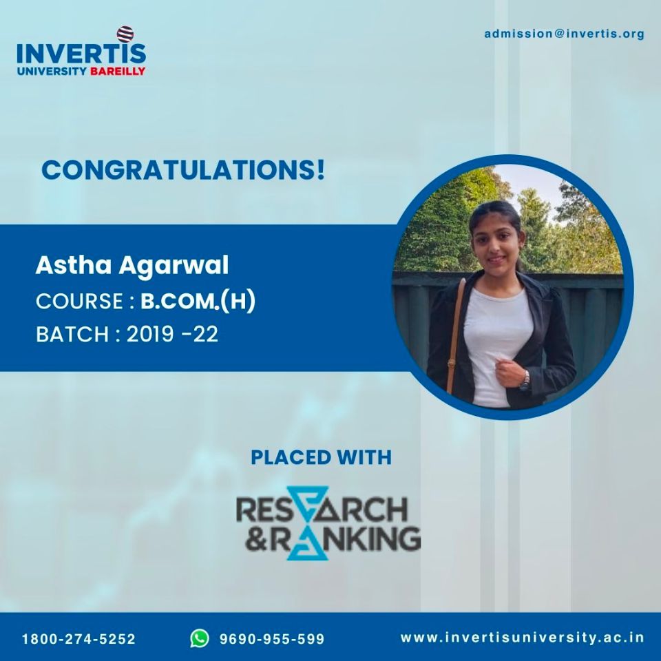 InvertisUni's tweet photo. Congratulations Astha Agarwal and well done. We are very proud to call you our student &amp; wish you the best for your future.

#researchandranking #congratulations #bcomstudent #campusplacement #admission2022 #admissionsopen #expectmore #bareilly #lifeatinvertis #invertisuniversity https://t.co/D2PlqBWAWe