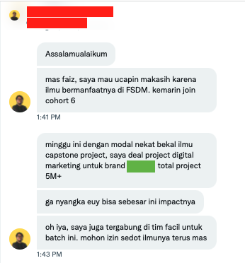 MFaizGhifari's tweet photo. Aku mau sharing kabar baik dari alumni bootcamp FSDM belajarlagi, doi berhasil deal project digital marketing sama brand bumbu masak (nama dirahasiakan, tapi kalian pasti familiar sih) senilai 5 MILYAR IDR! 

Suatu kebahagiaan sendiri setiap dapat kabar bahagia kayak gini ❤️ https://t.co/xenEJgKIlH