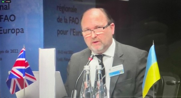 UKUN_Rome's tweet photo. Amb. Thomas Kelly delivered the UK’s statement strongly condemning Russia’s actions in the Ukraine during the #ERC33 in Poland. https://t.co/PqmHWDJAfj