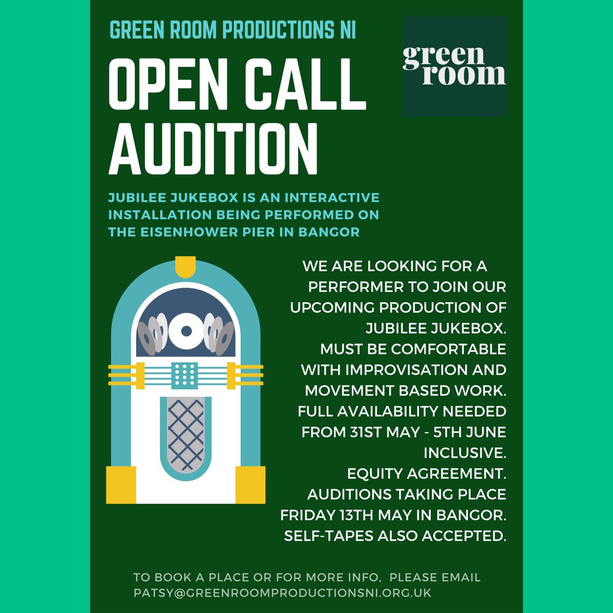 GreenRoomNI's tweet photo. Last chance to book a place/send a self-tape. We’d love to hear and see lots of new faces! Send this to any actors/performers you know #theatre #outdoortheatre #opencall #audition #AUDITION #auditions #bangor #northernireland #actor #performer https://t.co/1tdQiTIfYG