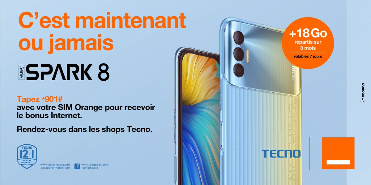 tecnomobiledrc's tweet photo. Hello les T-Fans 💙!
Saviez-vous que même avec #SPARK8, vous pouvez aussi bénéficier du bonus Orange ?😎
Achetez n'importe quelle #𝗦𝗲́𝗿𝗶𝗲𝗦𝗣𝗔𝗥𝗞8 et bénéficiez d'un bonus internet de 18Go, répartis sur trois(3) mois et valable 7jours en tapant le code *901#. 
#TECNOMobile https://t.co/x7FyJ1ZaIB