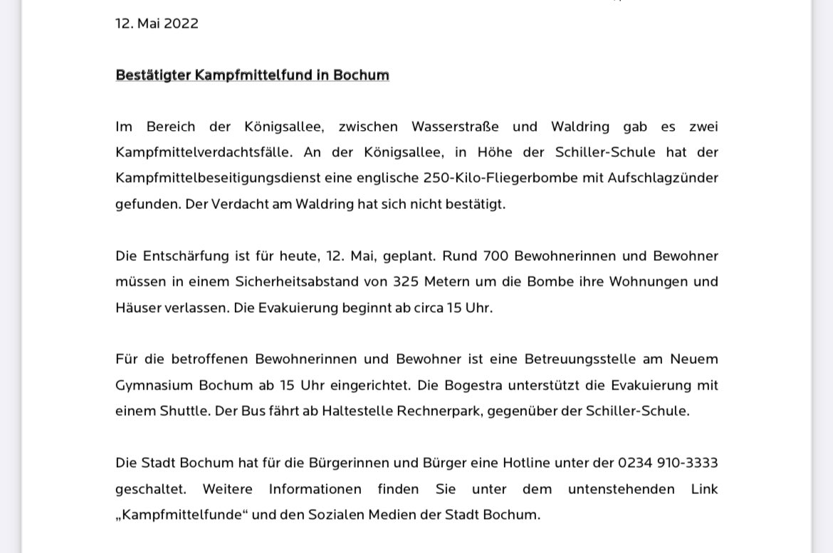 4630de's tweet photo. Bombenfund im #Bochum​er Ehrenfeld #boEhrenfeld bestätigt (an der #Königsallee - nicht am #Waldring) !
 
Die Entschärfung ist für heute, 12. Mai, geplant. […] Die Evakuierung beginnt ab circa 15 Uhr. 
 
#boBombe https://t.co/dEeM9PbWUY