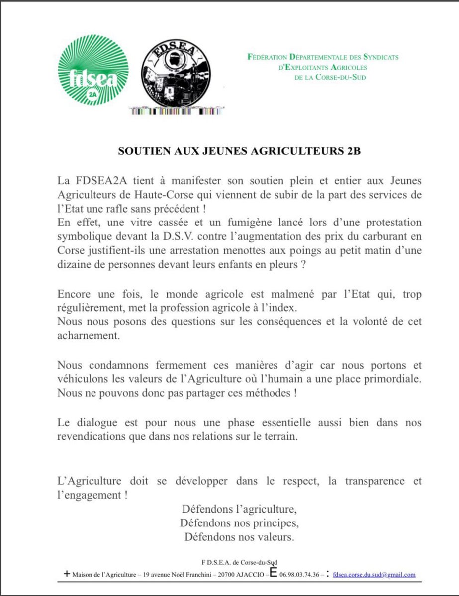 La FDSEA2A tient à manifester son soutien plein et entier aux Jeunes
Agriculteurs de Haute-Corse qui viennent de subir de la part des services de l’Etat une rafle sans précédent !