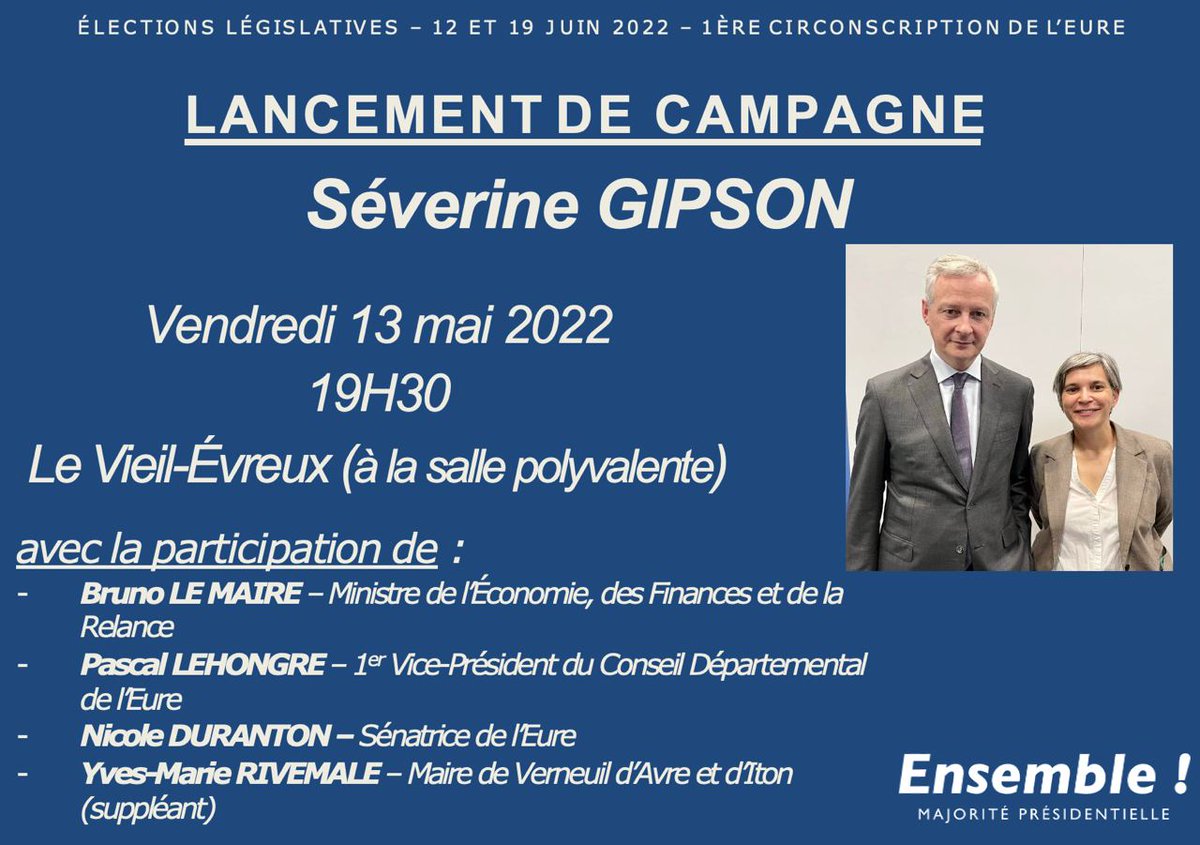 J'ai souhaité poursuivre mon engagement avec <a href="/BrunoLeMaire/">Bruno Le Maire</a> en soutenant la candidature de <a href="/severine_gipson/">Séverine Gipson</a> pour sa réélection dans la 1ère Circonscription de l'#Eure.

➡️Venez participer demain à la réunion publique : vendredi 13 mai, 19h30, salle polyvalente du Vieil-Evreux ⬅️