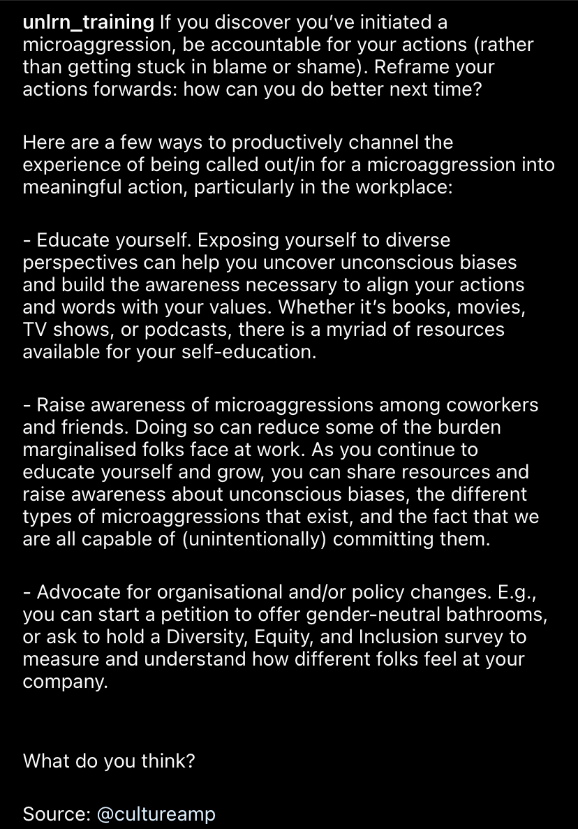 UNLRN_Training's tweet photo. If you discover you’ve initiated a microaggression, be accountable for your actions (rather than getting stuck in blame or shame). Reframe your actions forwards: how can you do better next time? #DiversityandInclusion #microaggressions https://t.co/3tRMsTvHor