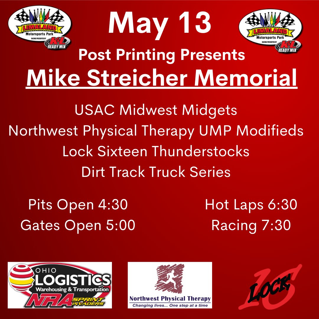 Join us tomorrow, May 13th, for the Mike Streicher Memorial - Presented By: Post Printing.

USAC Midgets, Northwest Physical Therapy Modifieds, Lock 16 Thunderstocks, and Dirt Track Truck Series
