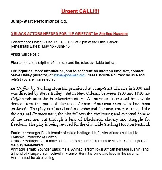 GeminiInk's tweet photo. URGENT CALL FOR ACTORS: 3 Black Actors needed for "Le Griffon" by Sterling Houston. @SH_Fest #SHFest2022 #SHFest #SterlingHouston #SAFestival #SATheatreFestival #TheatreFestival #SHFCollectives https://t.co/5qG5o0yjnB