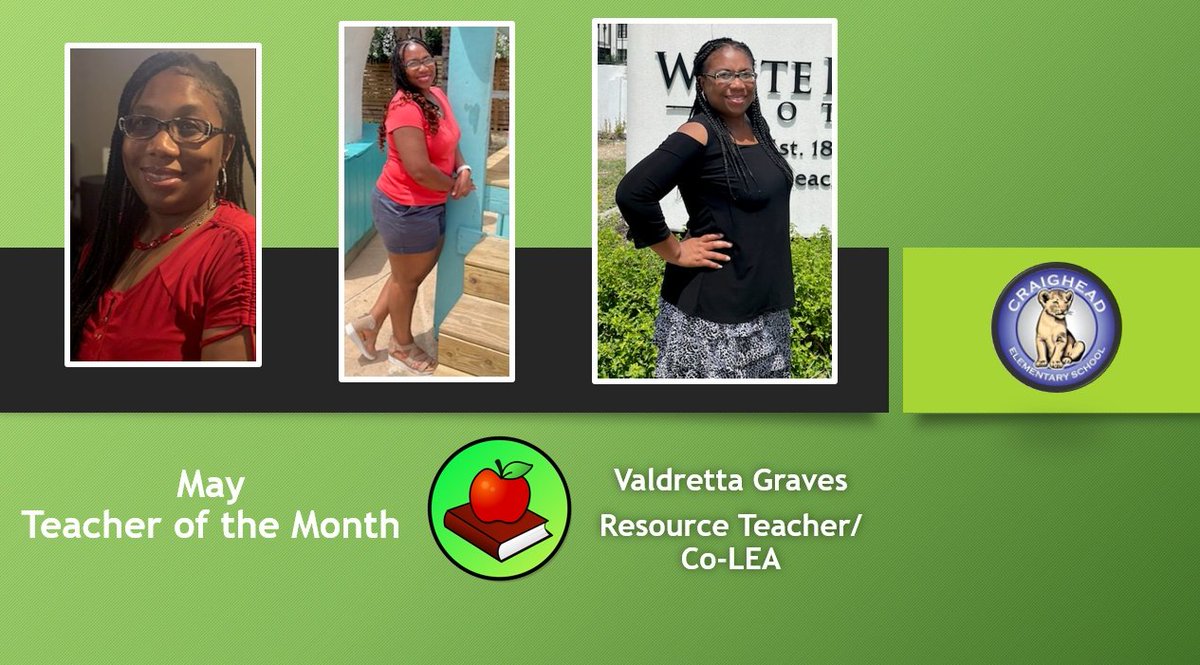 TraceyLHunter2's tweet photo. Congratulations to Our May Teacher of the Month, Mrs. Valdretta Graves ! Mrs. Graves, Craighead's Resource Teacher and Co-LEA, is an amazing professional. She gives more than 110% each day. #lions #creativeeducator @craighead_lions @MobilePublicSch https://t.co/W9tc6vkHEm