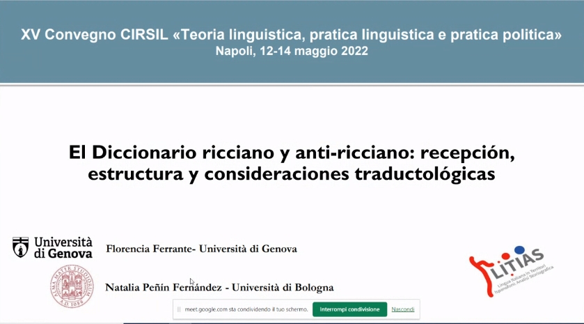 CentroCIRSIL's tweet photo. Florencia Ferrante di @UniGenova e Natalia Peñín di @Unibo, ricercatrici di @LITIAS_PRIN2017 ci presentano ora lo studio del "Diccionario ricciano y anti-ricciano" e della sua ricezione ed struttura, con alcune considerazioni traduttologiche. Aprite immagini 👇👇 https://t.co/6uRFgYBg1q